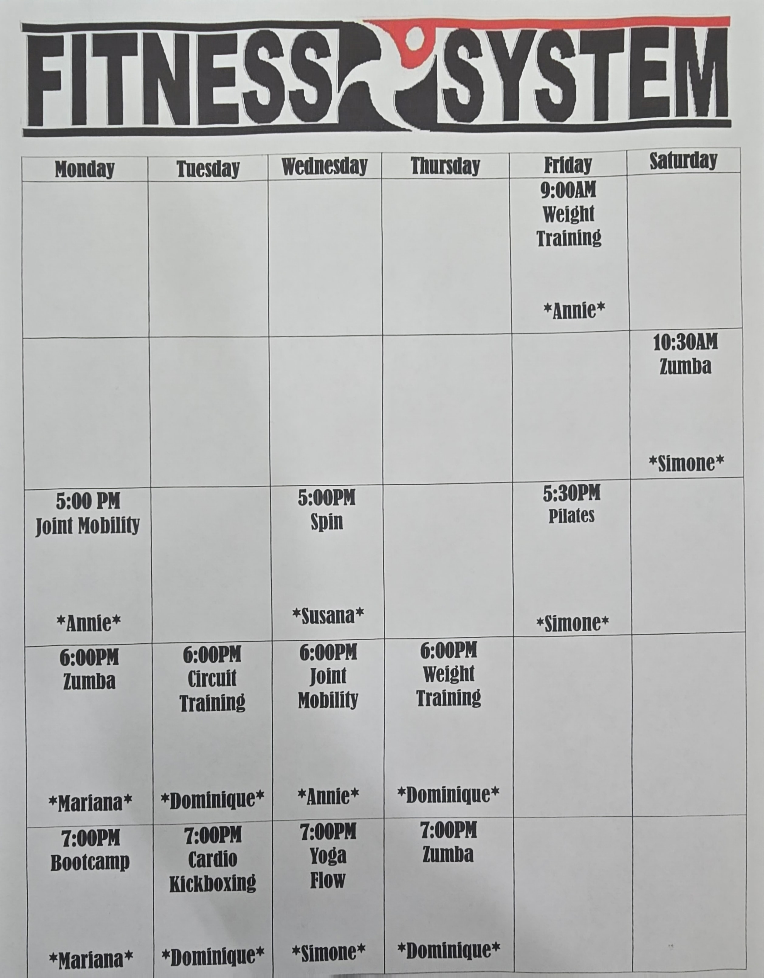 Fitness System weekly class schedule